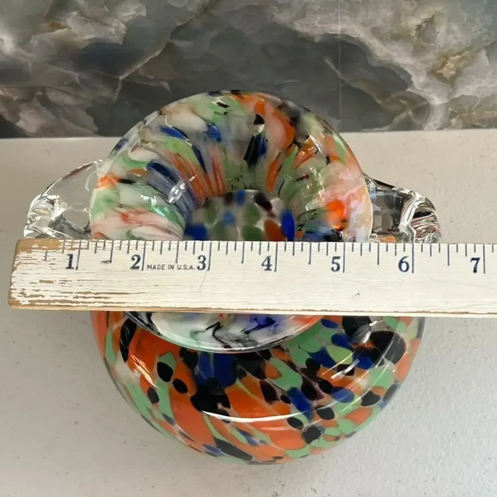 Vintage Hand Blown Art Glass Comfety Spotted Heavy Vase 2 Handles